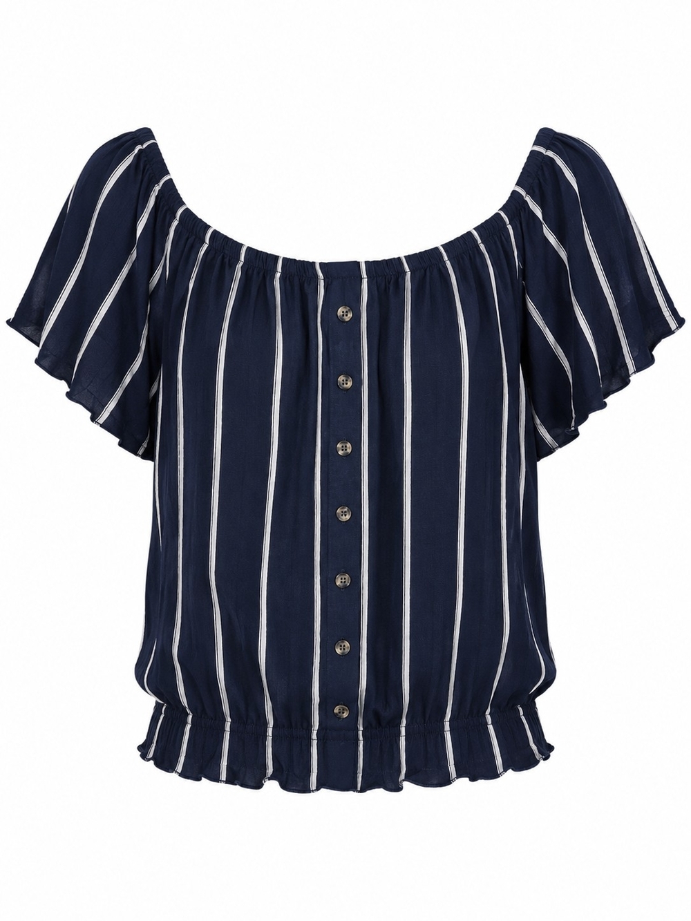 H&M Navy White Striped Off Shoulder Blouse Womens Large Flutter Sleeve Buttons